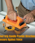 Person using Grab Push Block with Retractable Holder and Offset Handle on table router for safer, smoother cuts