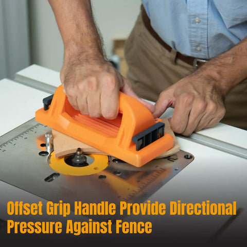 Person using Grab Push Block with Retractable Holder and Offset Handle on table router for safer, smoother cuts