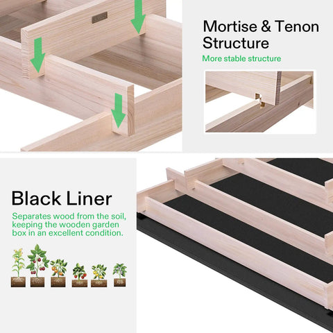 Wooden Raised Garden Bed With Built In Trellis For Climbing Plants Outdoor Planter Box 48 By 24 By 30 Inches Includes Gloves And Liner showing mortise and tenon structure with black liner.
