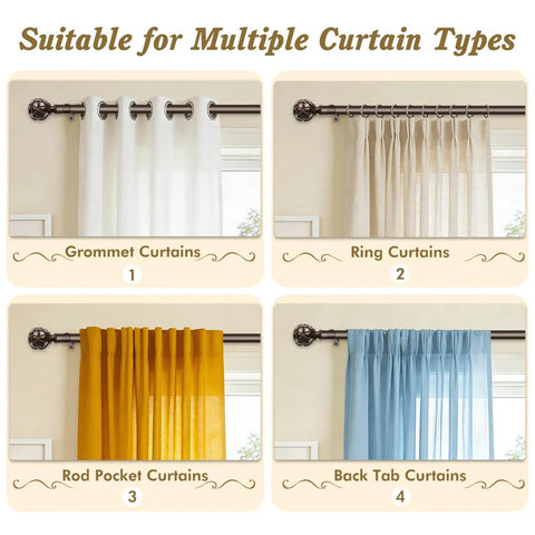 2 Pack Adjustable Curtain Rods 28 To 48 Inch Telescoping Drapery Rods With Netted Texture Finials In Antique Bronze For Windows 16 To 44 Inches Heavy Duty No Fuss Install shown with four curtain styles; grommet, ring, rod pocket, back tab.