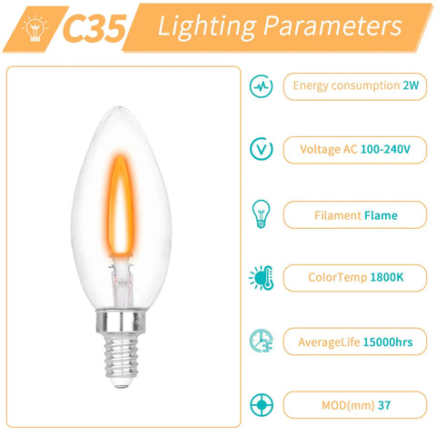 Flicker Flame E12 Base Candelabra Bulbs C35 Flame Tip Crystal Clear Glass with Orange Glow, lighting parameters and specs
