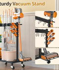 3 In 1 Cleaning Organizer Cart With Wheels And Vacuum Stand, 3 Tier Shelves, 6 Mop Hanger Grippers, 3 Double Hooks in use