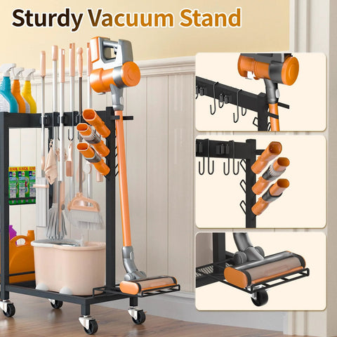 3 In 1 Cleaning Organizer Cart With Wheels And Vacuum Stand, 3 Tier Shelves, 6 Mop Hanger Grippers, 3 Double Hooks in use