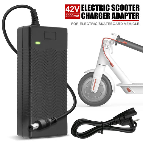 Portable 42V 2A scooter battery charger for electric skateboard and EV, LED indicator, cable, safe conformity, US standard plug