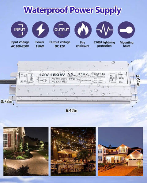 Beefy 150W 12V DC LED Power Supply Waterproof IP67 Outdoor Transformer dimensions with device images