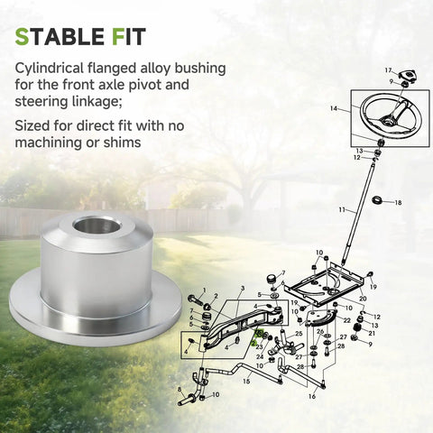 GX21137 Steering Linkage Front Axle Bushing for Classic Lawn Tractors, alloy material, cylindrical flanged design, stable fit.