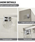 Close-up details of Three Light Dimmable Modern Vanity Light Fixture In Brushed Nickel With Globe Crystal Glass