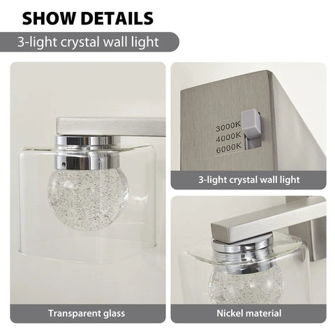 Close-up details of Three Light Dimmable Modern Vanity Light Fixture In Brushed Nickel With Globe Crystal Glass