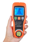 FTVOGUE Stud Finder Wall Scanner in hand, LCD display showing detection mode, 7.09 x 2.95 x 1.26 in, ABS material, DIY tool