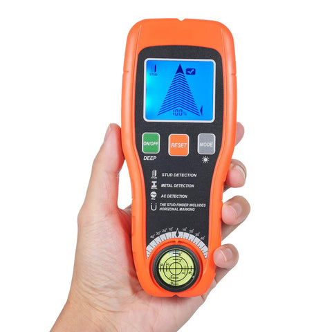 FTVOGUE Stud Finder Wall Scanner in hand, LCD display showing detection mode, 7.09 x 2.95 x 1.26 in, ABS material, DIY tool
