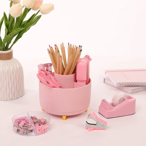 Pink Desk Accessories Set For Home Office 10 Piece Including 360 Degree Rotating Pen Holder Stapler Staple Remover Tape Dispenser