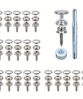 Marine Grade 60 Piece Three Eighths Inch Metal Snap Button Kit with tools for boat covers, awnings, and upholstery displayed