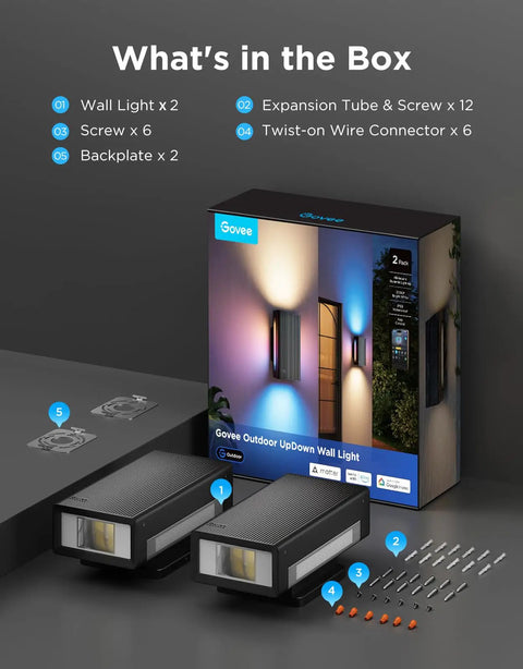 Totally Transform Your Patio With These Smart Outdoor Wall Lights Featuring Smooth Rgbicww Color Swaps And Sleek Top And Bottom Glow In A Tough 2 Pack Design. What's in the box includes 2 outdoor wall lights, screws, and connectors.