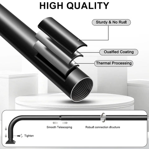 Heavy Duty Black Curtain Rods 2 Pack Wrap Around Style For 28 To 48 Inch Windows, detailed curved design and matte finish display.
