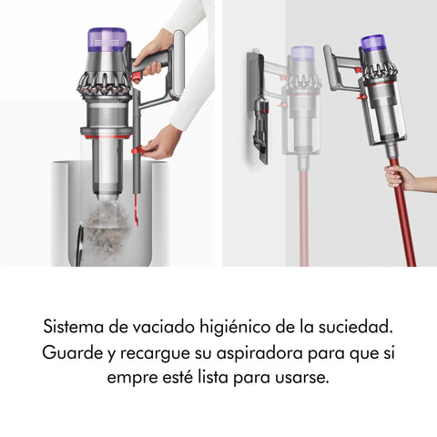 Outsize Origin Cordless Vacuum For Big Homes No Cord Convenience Full On Powerhouse Performance With 60 Minutes Run Time And Three Modes 90 Percent More Power Nickel Red showing dust disposal and wall charging