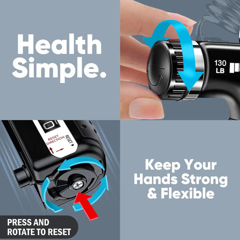 Grip Strength Trainer Set Two Pack With Adjustable Resistance 10 To 130 Lbs Hand Gripper showing resistance dial and reset switch