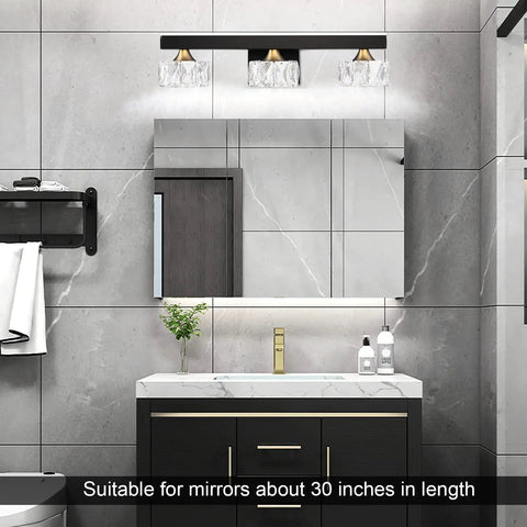 30 Inch Black And Gold Vanity Lights Over Mirror with Rotatable LED Sconces above bathroom sink and mirror.