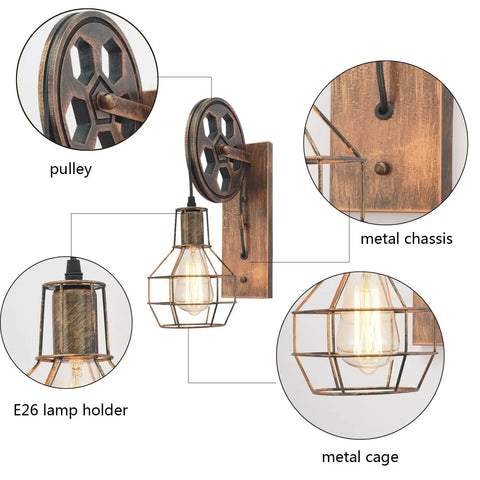 Close-up of Vintage Industrial Wall Sconce Set Of Two with pulley, E26 lamp holder, and metal cage in red bronze finish.