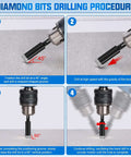 Diamond drill bits set, 30-pc, black carbide masonry bits; four-step drilling procedure infographic