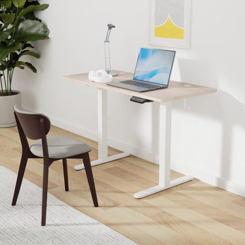 Fezibo Electric Height Adjustable Standing Desk 48 X 24 Inches Sit Stand Workstation With Solid Maple Finish, home office setup.