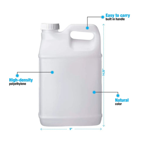 Two Pack Two And A Half Gallon Hedpak Liquid Storage Containers With Cap Food Grade HDPE Plastic Natural Color Heavy Duty Cap With Foam Liner Tight Seal For Shipping And Storing Liquids. 2.5 gal HDPE jug, 9 x 6.25 x 14.25 in, natural color