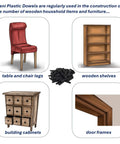 Image showing uses of Premium PVC Dowel Pins For Woodworking And Furniture Repairs in table legs, shelves, cabinets, and door frames.