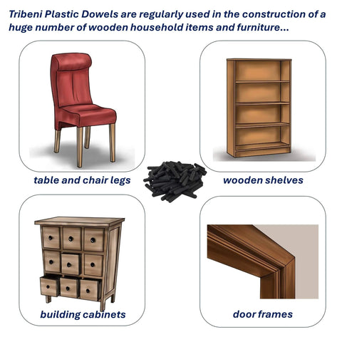 Image showing uses of Premium PVC Dowel Pins For Woodworking And Furniture Repairs in table legs, shelves, cabinets, and door frames.