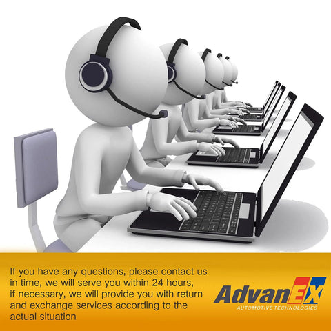 3D figures with headsets at laptops, customer service concept, AdvanEx Automotive Technologies logo