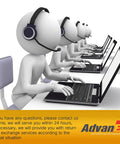 Cartoon support agents with headsets typing on laptops in a customer service setting, AdvanEx logo displayed.