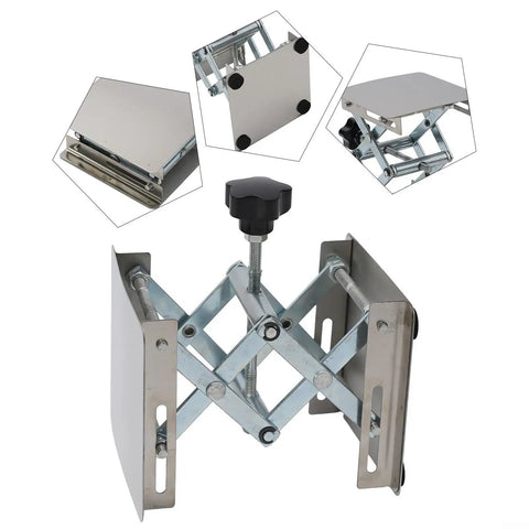 Top Shelf Heavy Duty Stainless Steel Lift Table With Manual Adjustable Height Screws For Precision Milling Machines And Industrial Woodworking Setup Durable Scissor Jack Platform High Load Capacity Professional Grade Equipment, showcasing scissor jack design and adjustable height feature.