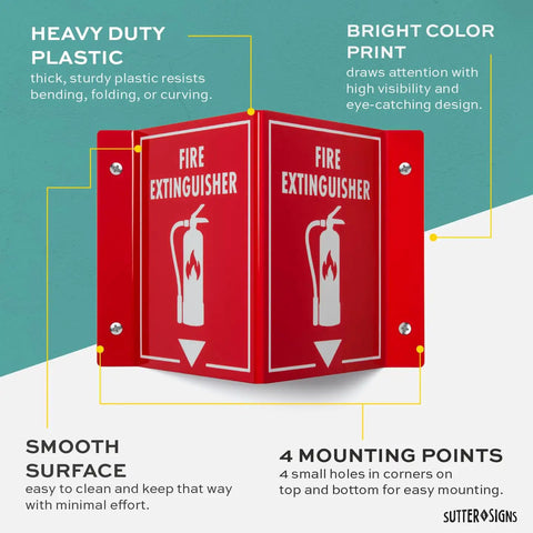 3D Fire Extinguisher Wall Sign With Projecting Design For Easy Emergency Visibility And Quick Access Indoor Durable OSHA Compliant Fire Safety Sign Measures Six By Eight By Four Inches For High Visibility And No Nonsense Reliability, showing red plastic sign with mounting holes
