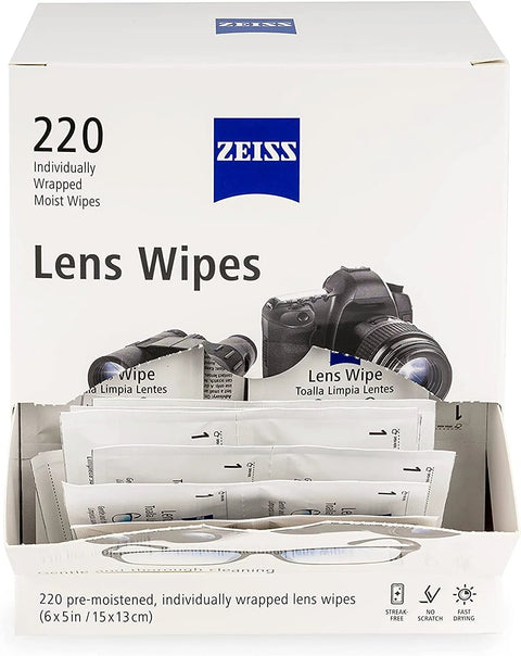 Box of Zeiss Lens Wipes For Glasses And Sunglasses Premoistened Gentle Cleaning with individual packets visible