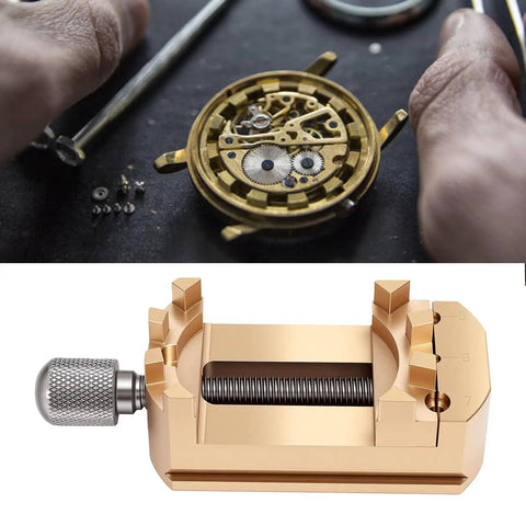 Mini Brass Vise For Watch Repair And Jewelry Engraving Precision Clamping Jaws For Tiny Parts Delicate Hands Tiny Gears Pivot Tubes And Small Components The Handy Pro Grade Watchmakers Tool For Precise Holding. brass mini vise with watch movement clamped for repair