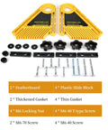 Heavy Duty Table Saw Featherboard Keeps Boards Locked Tight Without The Sweat features yellow plastic components and hardware for secure cutting.