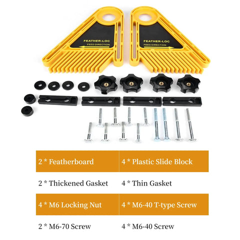 Heavy Duty Table Saw Featherboard Keeps Boards Locked Tight Without The Sweat features yellow plastic components and hardware for secure cutting.