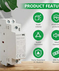 Dead Silent 25a Ac Dc 120v Contactor 2 Pole Normally Open Din Rail Module For Hvac And Ev Systems with product features listed.