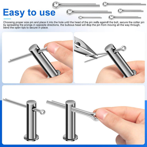 250 Piece Cotter Pin Assortment Kit 12 Sizes 304 Stainless Steel Hardware Pins For Trailer Truck Tractor Automotive Hitch And Locking Systems Ready To Roll Heavy Duty Corrosion Resistant Rust Proof Smooth Burr Free Finish in use, demonstrating insertion and securing method