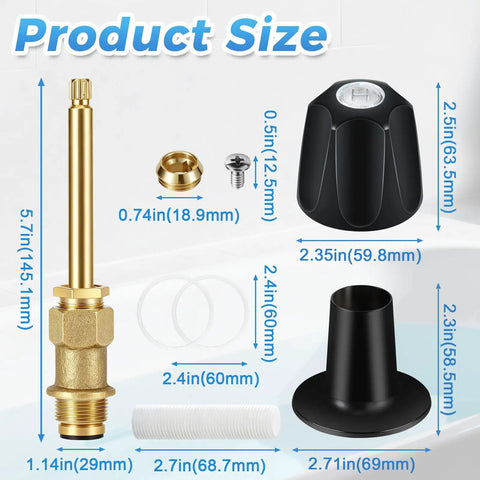 Product dimensions with components of the Two Piece Bathtub Shower Knob Replacement Kit for Price Pfister Verve and Windsor Tub Faucets