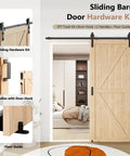 Sliding Barn Door Hardware Kit Heavy Duty For Doors One And Three Eighths To One And Three Quarters Inches Black I Shape Hangers Includes Adjustable Floor Guide Door Hook And Two Handles Smooth Quiet Operation Durable Pulley System Easy Installation displayed with installed wooden door and included components