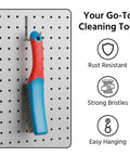 Rust Removal Wire Brush With Ergonomic Handle, Stainless Steel 8-Row Metal Scrubber hanging on a pegboard with features listed