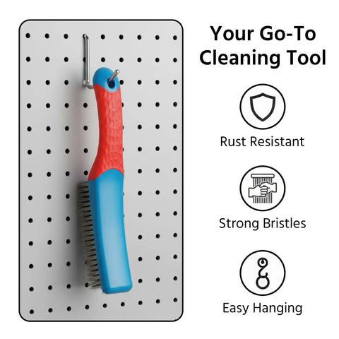 Rust Removal Wire Brush With Ergonomic Handle, Stainless Steel 8-Row Metal Scrubber hanging on a pegboard with features listed