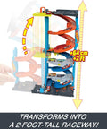 Two-In-One City Race Track Set With A Transforming Race Tower From Single Lane To Dual Lane Speedway Includes A Kid-Powered Elevator And 1 Car Amazon Exclusive Toy Playset For Kids showing a 2-foot transformation