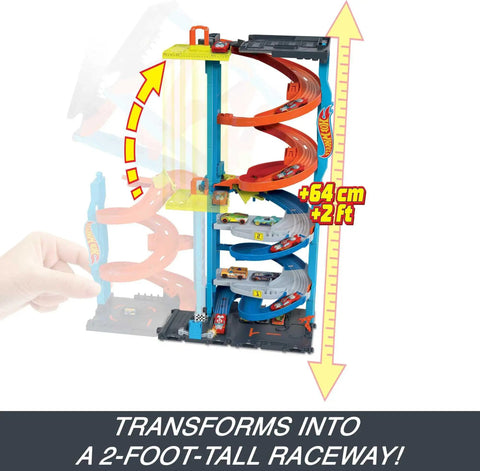 Two-In-One City Race Track Set With A Transforming Race Tower From Single Lane To Dual Lane Speedway Includes A Kid-Powered Elevator And 1 Car Amazon Exclusive Toy Playset For Kids showing a 2-foot transformation