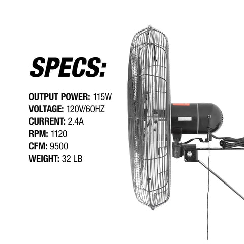 Side view of Beastly 30 Inch Indoor Oscillating Wall Fan With 9500 CFM Max, 90 Degree Mount, specs displayed beside fan.