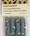 12 Pack 1/4-20 Cross Dowels Barrel Nuts CNC Machined Zinc Plated Steel 12mm By 10mm With 6mm Centered Hole in packaging