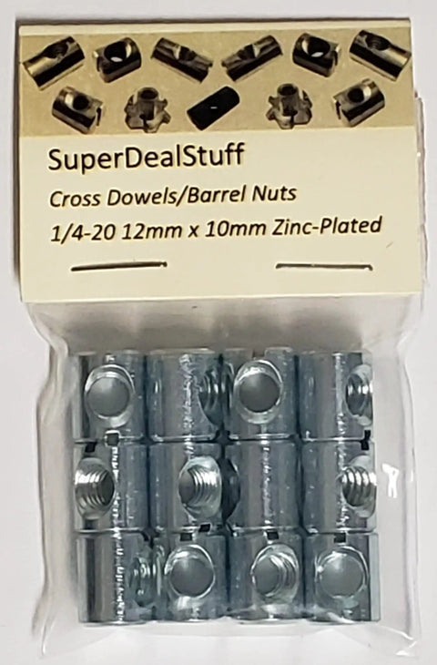 12 Pack 1/4-20 Cross Dowels Barrel Nuts CNC Machined Zinc Plated Steel 12mm By 10mm With 6mm Centered Hole in packaging
