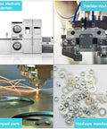 Collage of various electronic devices, precision machinery, stamped parts, and hardware manufacturing components.