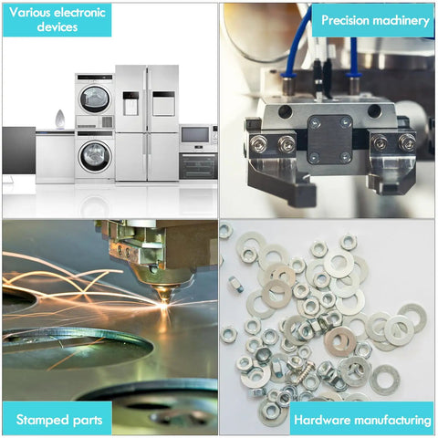 Collage of various electronic devices, precision machinery, stamped parts, and hardware manufacturing components.