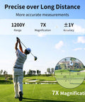 Top Notch Golf And Hunting Rangefinder Up To 1200 Yards With 7x Magnification Slope Switch For Tournament Legal Readings Magnetic Pole Mount Vibration Alerts IPX44 Waterproof Rechargeable Battery Green golfer on course with 1200Y range and 7X display