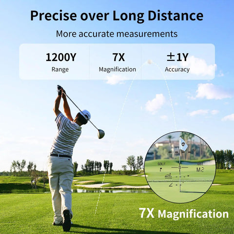 Top Notch Golf And Hunting Rangefinder Up To 1200 Yards With 7x Magnification Slope Switch For Tournament Legal Readings Magnetic Pole Mount Vibration Alerts IPX44 Waterproof Rechargeable Battery Green golfer on course with 1200Y range and 7X display